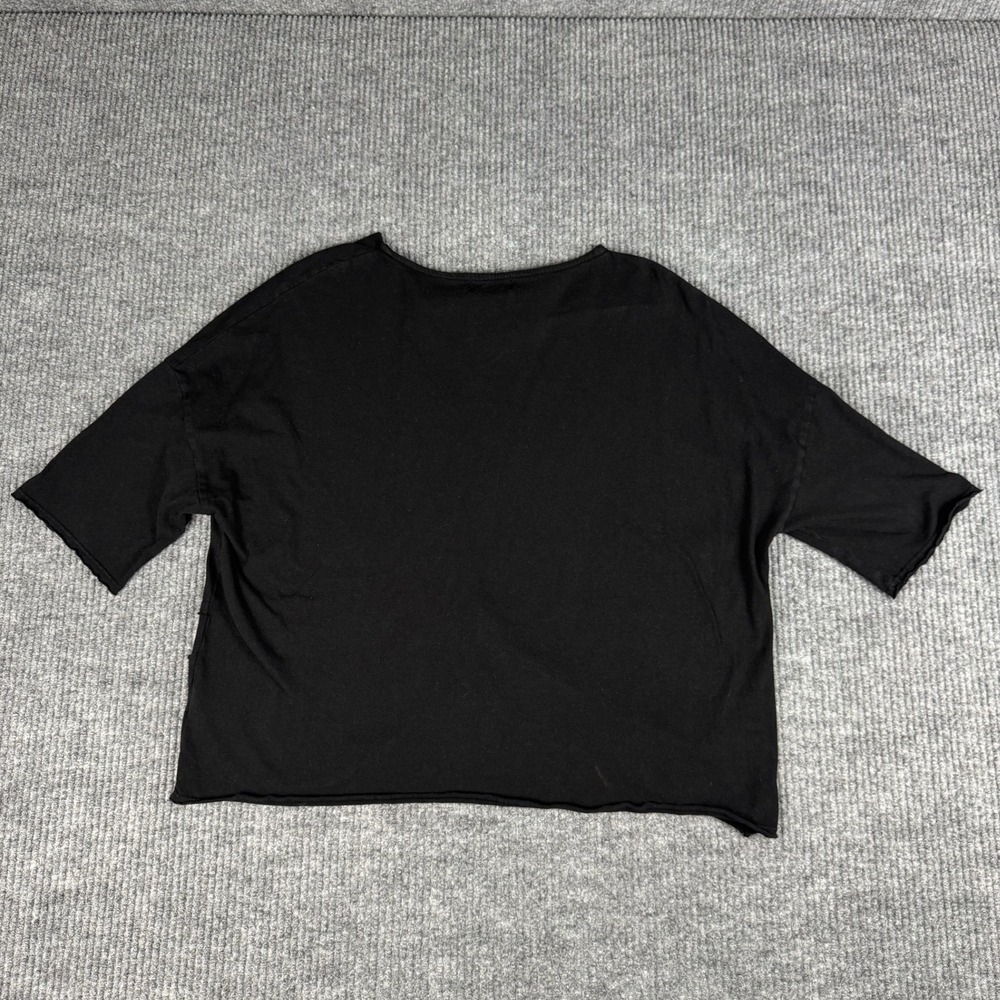 Fenini Top Womens M Black Asymmetric Raw Hem Pocket Short Sleeve USA Made Cotton - Picture 2 of 10